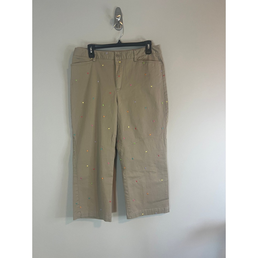 Rafaella Khaki Cropped Pants Rainbow Heart Embroidered Cotton Blend Tan Size 12